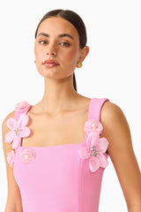 Brunette model wearing the Chantelle Floral Mini Dress in Pink detail shot