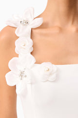Brunette model wearing Chantelle Floral Mini Dress in White detail shot