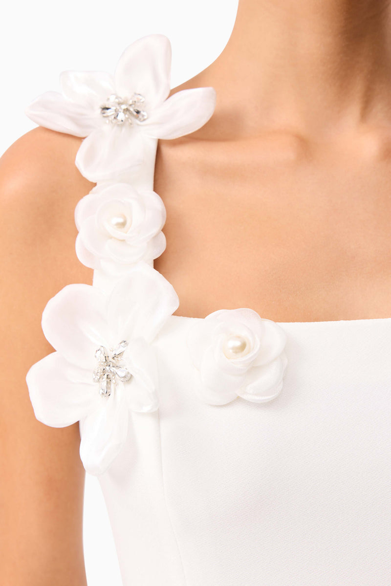 Brunette model wearing Chantelle Floral Mini Dress in White detail shot