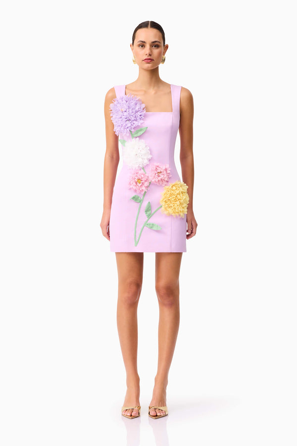 Brunette model wearing Buttercup Embroidered Party Mini Dress Purple front shot 