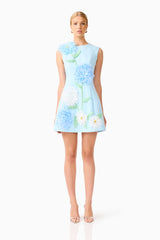 Blonde model wearing the Buttercup Embroidered Mini Dress in Blue front shot