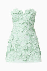 Brunette model wearing the Roseate Floral Maxi Dress in Mint Green detail shot 
