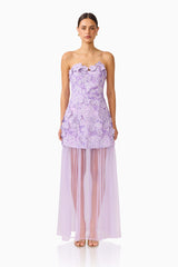 Roseate Strapless Maxi Dress in Purple with detachable skirt and sweetheart neckline front shot