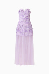 Roseate Strapless Maxi Dress in Purple with detachable skirt and sweetheart neckline ghost shot