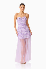 Roseate Strapless Maxi Dress in Purple with detachable skirt and sweetheart neckline posed shot