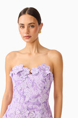 Roseate Strapless Maxi Dress in Purple with sweetheart neckline & floral appliques front shot