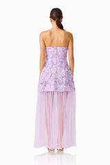 Roseate Strapless Maxi Dress in Purple with detachable skirt & zipper back, back shot 
