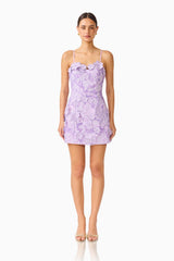 Roseate Strapless Maxi Dress in Purple with sweetheart neckline & floral appliques front shot