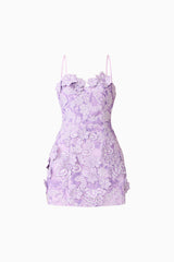 Roseate Strapless Maxi Dress in Purple with sweetheart neckline & floral appliques ghost shot