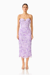Roseate Strapless Midi Dress in Purple with strapless neckline & floral appliques front shot