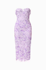 Roseate Strapless Midi Dress in Purple with strapless neckline & floral appliques ghost shot