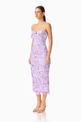 Roseate Strapless Midi Dress in Purple with strapless neckline & floral appliques side shot