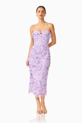 Roseate Strapless Midi Dress in Purple with strapless neckline & floral appliques posed shot