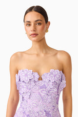 Roseate Strapless Midi Dress in Purple with strapless neckline & floral appliques close up shot