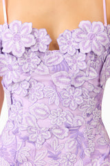 Roseate Strapless Midi Dress in Purple with strapless neckline & floral appliques detail shot
