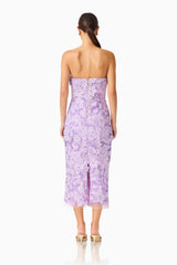 Roseate Strapless Midi Dress in Purple with zipper back & back slit back shot