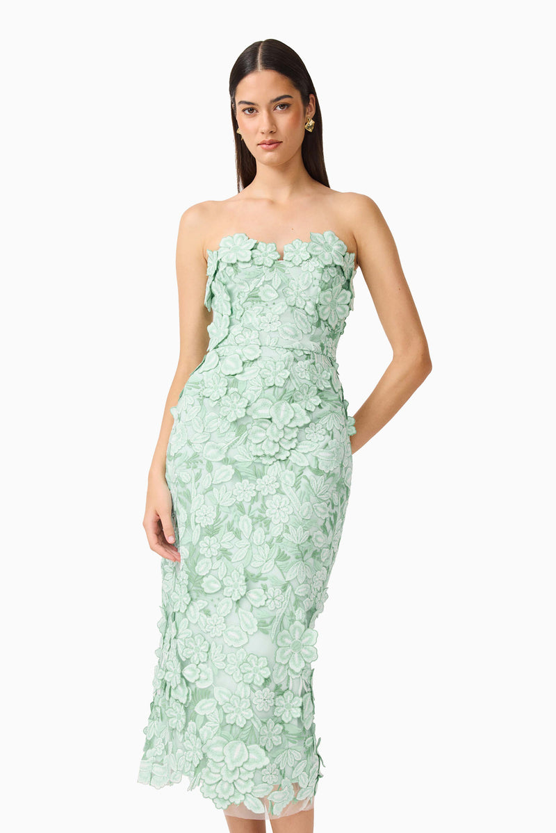 Roseate Strapless Midi Dress in Mint Green | Floral Lace Detailing Elliatt Roseate Strapless Midi Dress in Mint Green | Floral Lace Detailing Elliatt