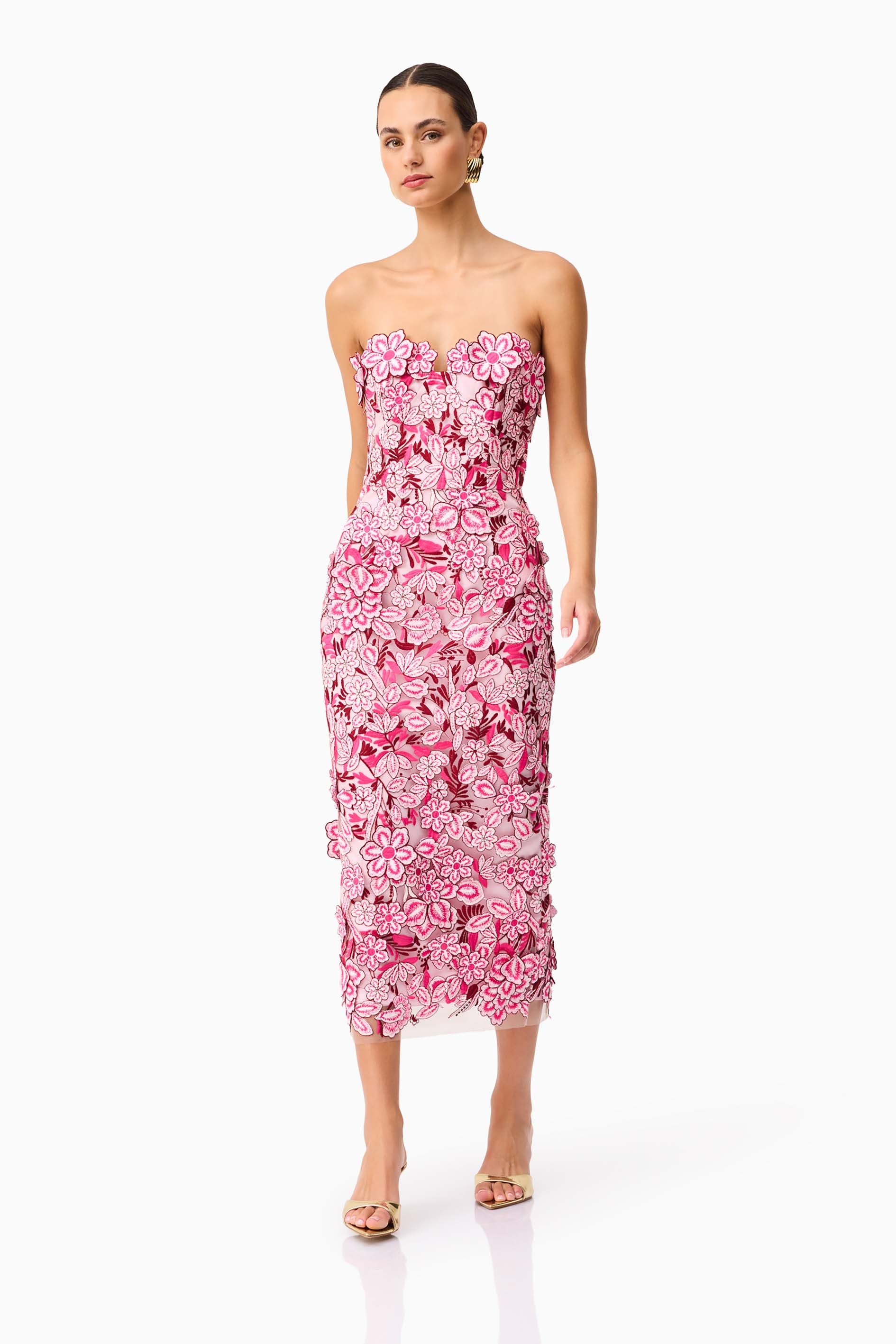 PINK FLORAL STRAPLESS TUBE TOP MIDI DRESS main image 0