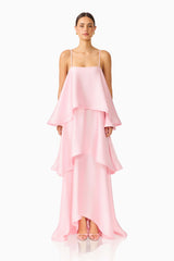 Brunette model wearing the Tilly Tiered Maxi Dress in Blush Pink front shot