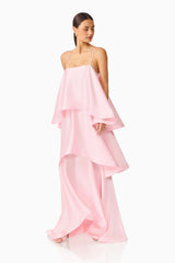Brunette model wearing the Tilly Tiered Maxi Dress in Blush Pink posed shot