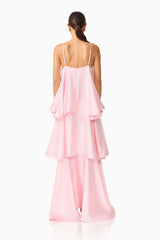 Brunette model wearing the Tilly Tiered Maxi Dress in Blush Pink back shot
