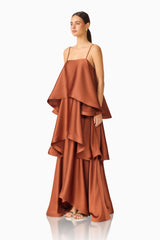 Brunette model wearing the Tilly Tiered Maxi Dress in Brown side shot