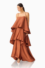 Brunette model wearing the Tilly Tiered Maxi Dress in Brown posed shot