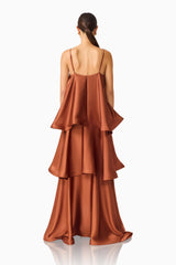 Brunette model wearing the Tilly Tiered Maxi Dress in Brown back shot