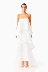 model wearing Tilly Tiered Maxi Dress in White front shot