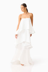 model wearing Tilly Tiered Maxi Dress in White movement shot