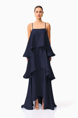 Tilly Tiered Maxi Dress in Navy with a tiered relaxed silhouette & square neckline front shot