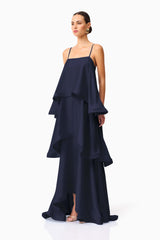Tilly Tiered Maxi Dress in Navy with a tiered relaxed silhouette & square neckline side shot