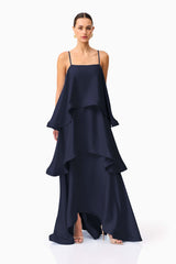 Tilly Tiered Maxi Dress in Navy with a tiered relaxed silhouette & square neckline posed foot out shot