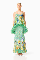Blonde model wearing the Jamie Tiered Maxi Dress in Green Floral front shot
