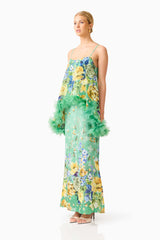 Blonde model wearing the Jamie Tiered Maxi Dress in Green Floral side shot