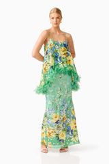 Blonde model wearing the Jamie Tiered Maxi Dress in Green Floral posed shot