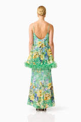 Blonde model wearing the Jamie Tiered Maxi Dress in Green Floral back shot