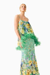 Blonde model wearing the Jamie Tiered Maxi Dress in Green Floral close up shot