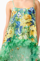 Blonde model wearing the Jamie Tiered Maxi Dress in Green Floral detail shot