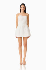 Gemma Floral Mini Dress in White with a strapless neckline, tulip skirt & floral appliques front shot