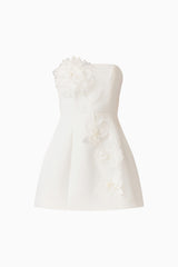 Gemma Floral Mini Dress in White with a strapless neckline, tulip skirt & floral appliques ghost shot