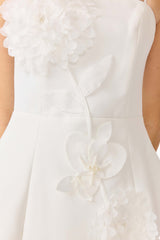 Gemma Floral Mini Dress in White with a strapless neckline, tulip skirt & floral appliques detail shot