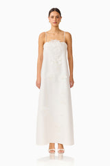 Gemma Floral Maxi Dress in White with floral appliques & relaxed fit front shot