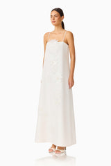 Gemma Floral Maxi Dress in White with floral appliques & relaxed fit side shot