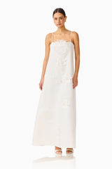 Gemma Floral Maxi Dress in White with floral appliques & relaxed fit posed shot