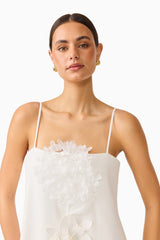Gemma Floral Maxi Dress in White with floral appliques & relaxed fit close up shot