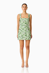 Christina Jacquard Mini Dress In Green Floral with square neckline and jacquard fabrication front shot