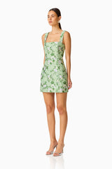 Christina Jacquard Mini Dress In Green Floral with square neckline and jacquard fabrication side shot