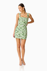 Christina Jacquard Mini Dress In Green Floral with square neckline and jacquard fabrication posed shot