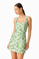 Christina Jacquard Mini Dress In Green Floral with square neckline and jacquard fabrication close up shot